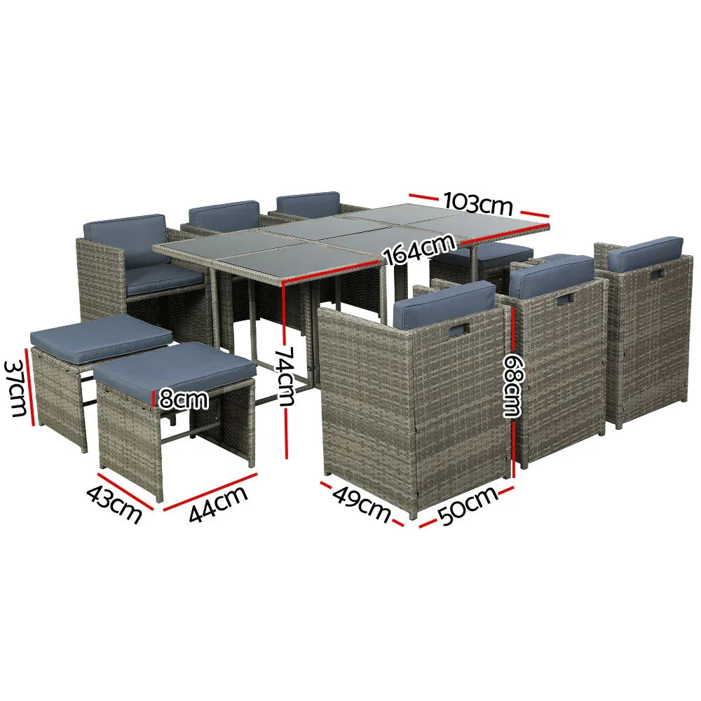 Gardeon Outdoor Dining Set 11 Piece Wicker Table Chairs Setting Grey - Mekamart Australia