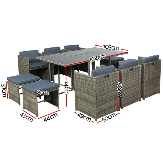 Gardeon Outdoor Dining Set 11 Piece Wicker Table Chairs Setting Grey - Mekamart Australia
