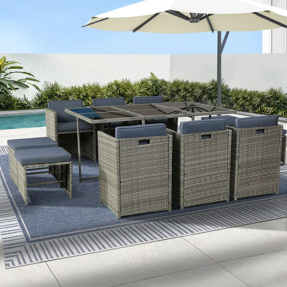 Gardeon Outdoor Dining Set 11 Piece Wicker Table Chairs Setting Grey - Mekamart Australia
