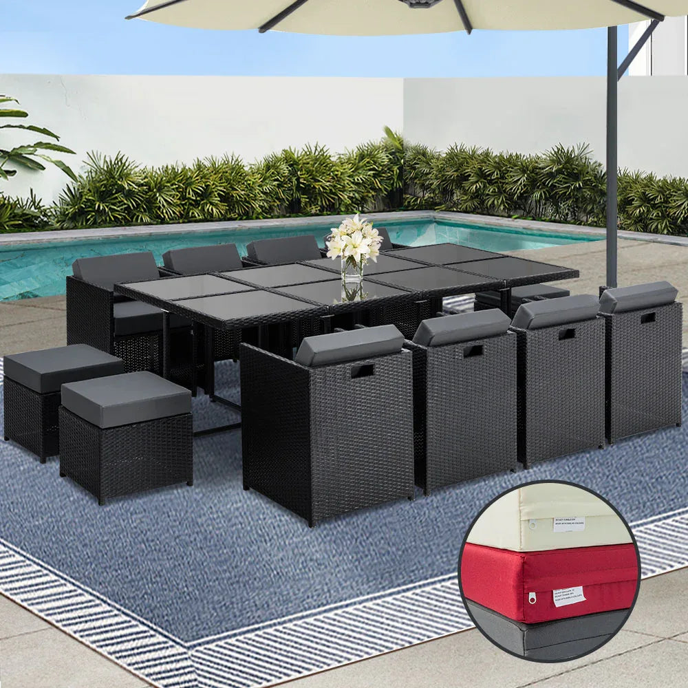 Gardeon Outdoor Dining Set 13 Piece Wicker Table Chairs Setting Black - Mekamart Australia