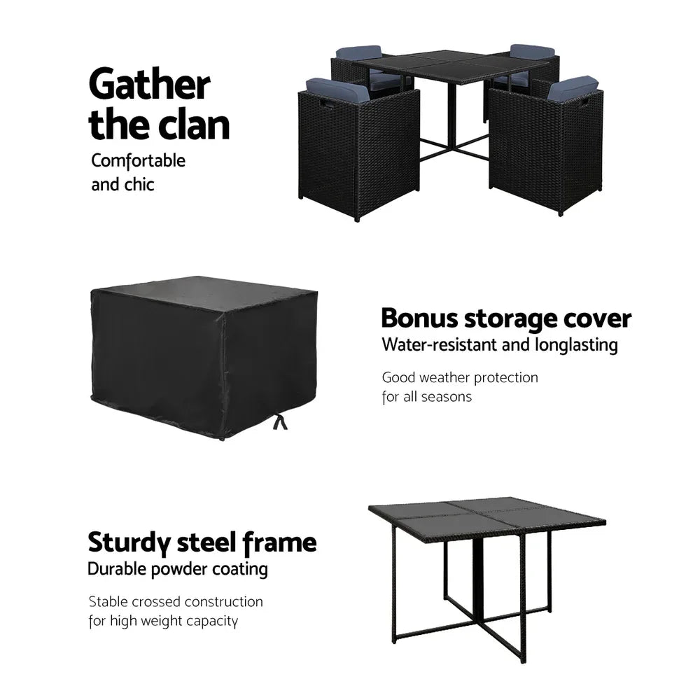 Gardeon Outdoor Dining Set 5 Piece Wicker Table Chairs Setting Black - Mekamart Australia
