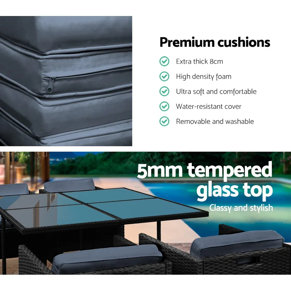 Gardeon Outdoor Dining Set 5 Piece Wicker Table Chairs Setting Black - Mekamart Australia