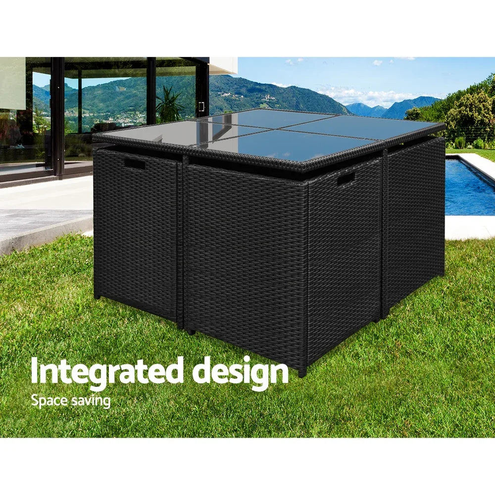 Gardeon Outdoor Dining Set 9 Piece Wicker Table Chairs Setting Black - Mekamart Australia