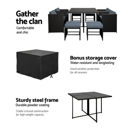 Gardeon Outdoor Dining Set 9 Piece Wicker Table Chairs Setting Black - Mekamart Australia