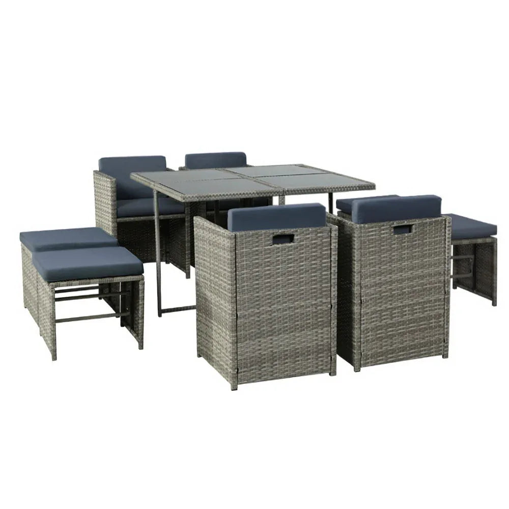 Gardeon Outdoor Dining Set 9 Piece Wicker Table Chairs Setting Grey - Mekamart Australia