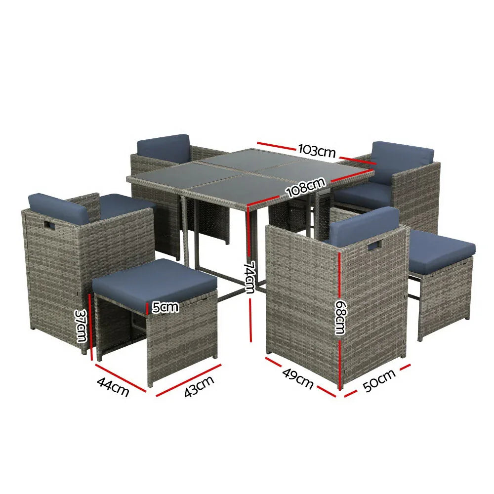 Gardeon Outdoor Dining Set 9 Piece Wicker Table Chairs Setting Grey - Mekamart Australia