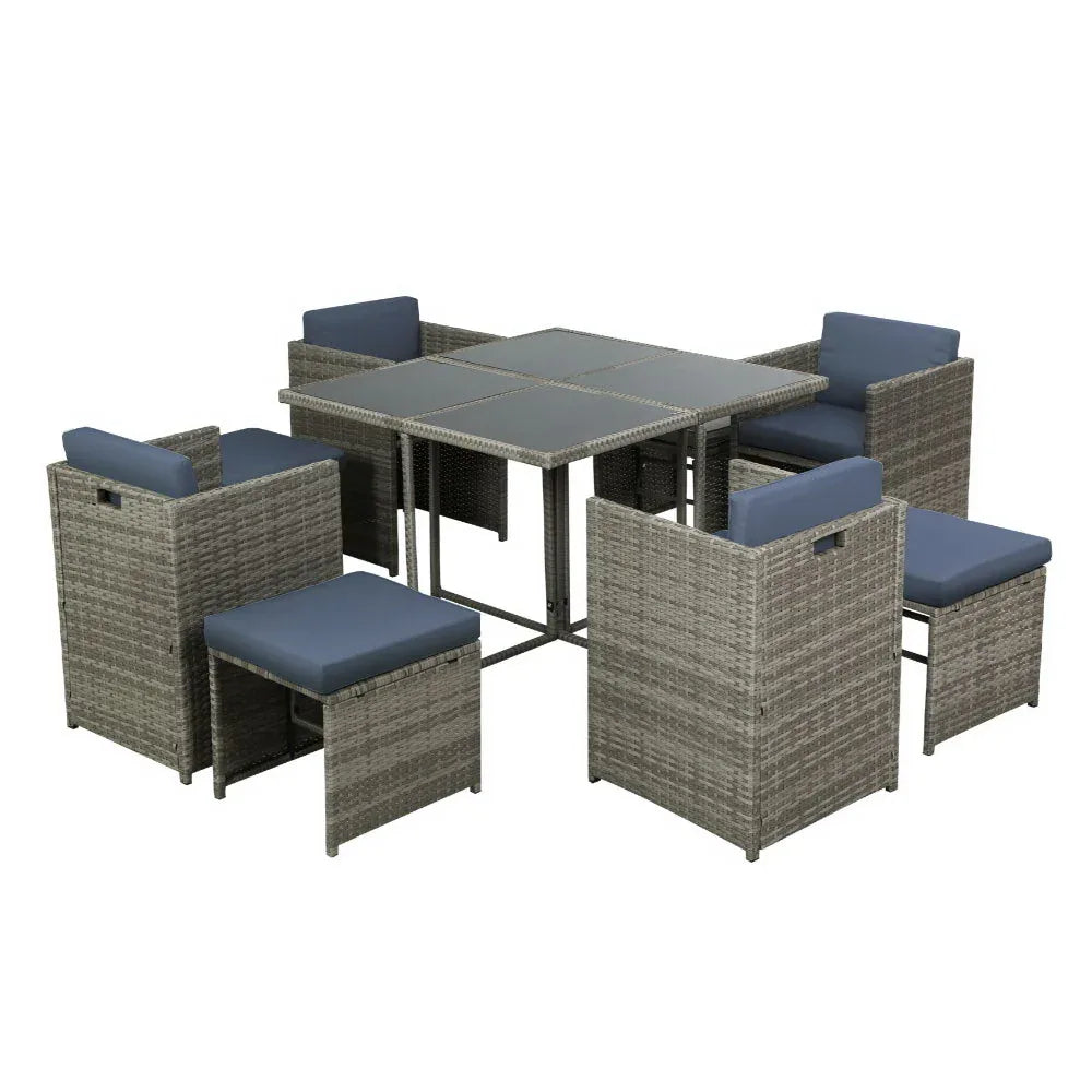 Gardeon Outdoor Dining Set 9 Piece Wicker Table Chairs Setting Grey - Mekamart Australia