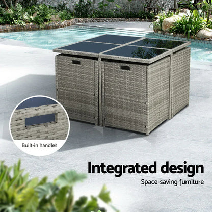 Gardeon Outdoor Dining Set 9 Piece Wicker Table Chairs Setting Grey - Mekamart Australia