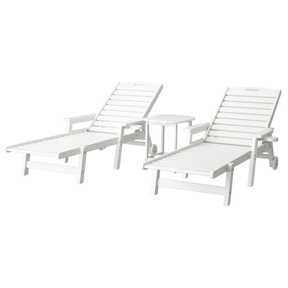Gardeon Sun Lounge Lounger Beach Chair HDPE Patio Outdoor Furniture with Wheels White - Mekamart Australia
