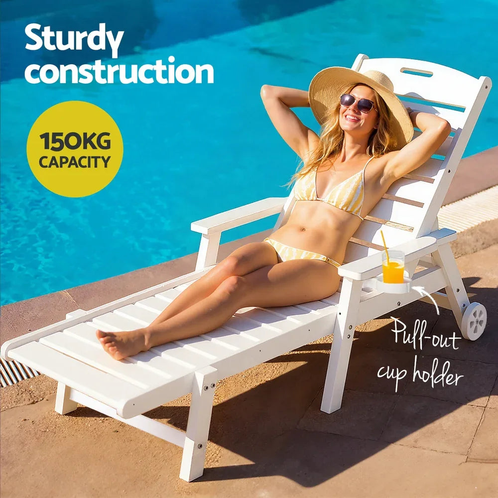 Gardeon Sun Lounge Lounger Beach Chair HDPE Patio Outdoor Furniture with Wheels White - Mekamart Australia
