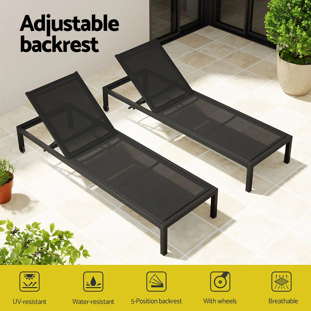 Gardeon Sun Lounge Outdoor Lounger Aluminium Folding Beach Chair Wheels Black - Mekamart Australia