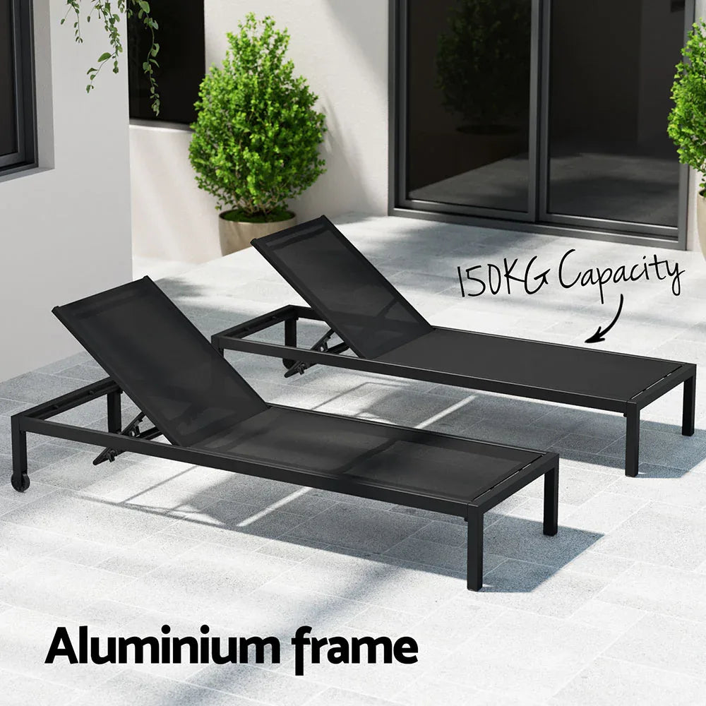 Gardeon Sun Lounge Outdoor Lounger Aluminium Folding Beach Chair Wheels Black - Mekamart Australia
