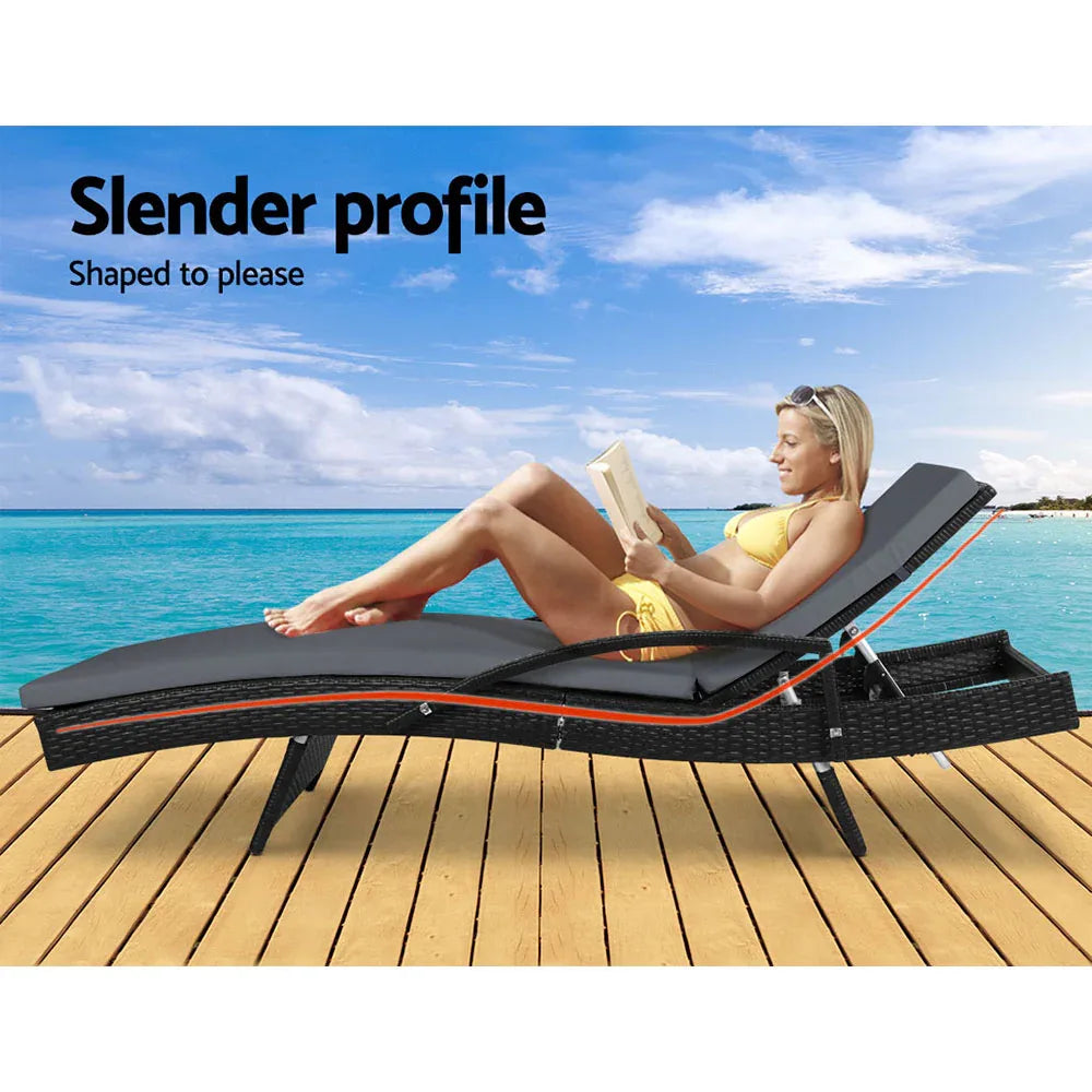 Gardeon 2PC Sun Lounge Wicker Lounger Outdoor Furniture Beach Chair Patio Adjustable Cushion Black - Mekamart Australia
