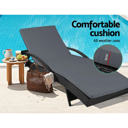 Gardeon 2PC Sun Lounge Wicker Lounger Outdoor Furniture Beach Chair Patio Adjustable Cushion Black - Mekamart Australia