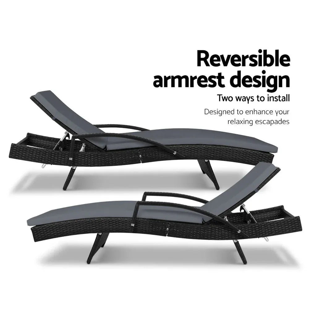 Gardeon 2PC Sun Lounge Wicker Lounger Outdoor Furniture Beach Chair Patio Adjustable Cushion Black - Mekamart Australia