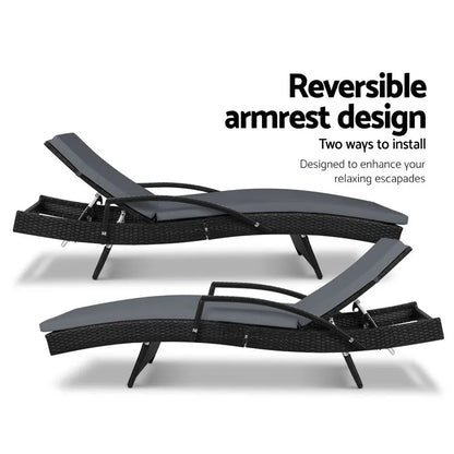 Gardeon 2PC Sun Lounge Wicker Lounger Outdoor Furniture Beach Chair Patio Adjustable Cushion Black - Mekamart Australia