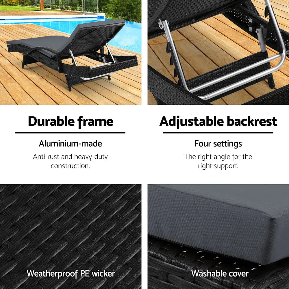 Gardeon 2PC Sun Lounge Wicker Lounger Outdoor Furniture Beach Chair Patio Adjustable Cushion Black - Mekamart Australia