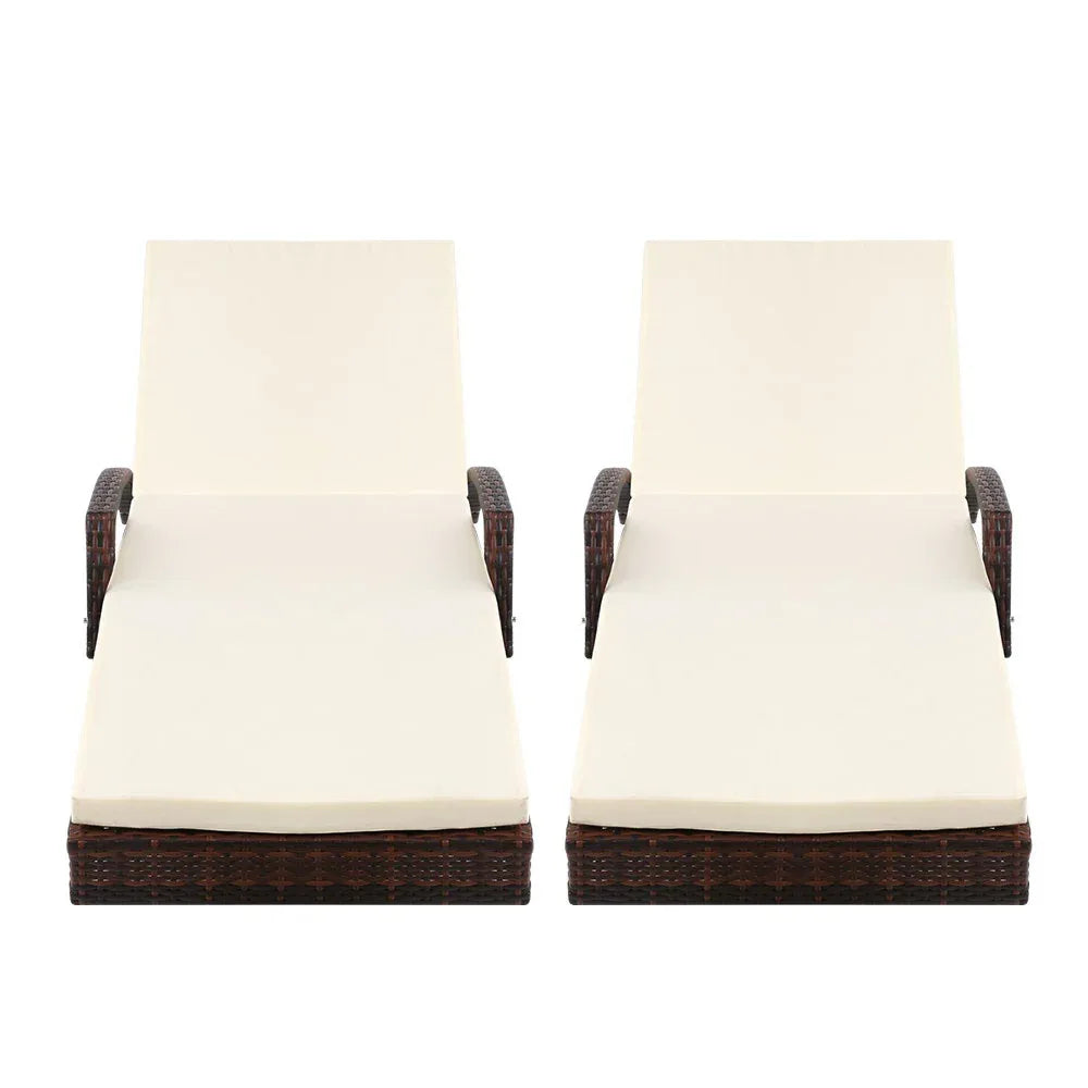 Gardeon 2PC Sun Lounge Wicker Lounger Outdoor Furniture Beach Chair Patio Adjustable Cushion Brown - Mekamart Australia