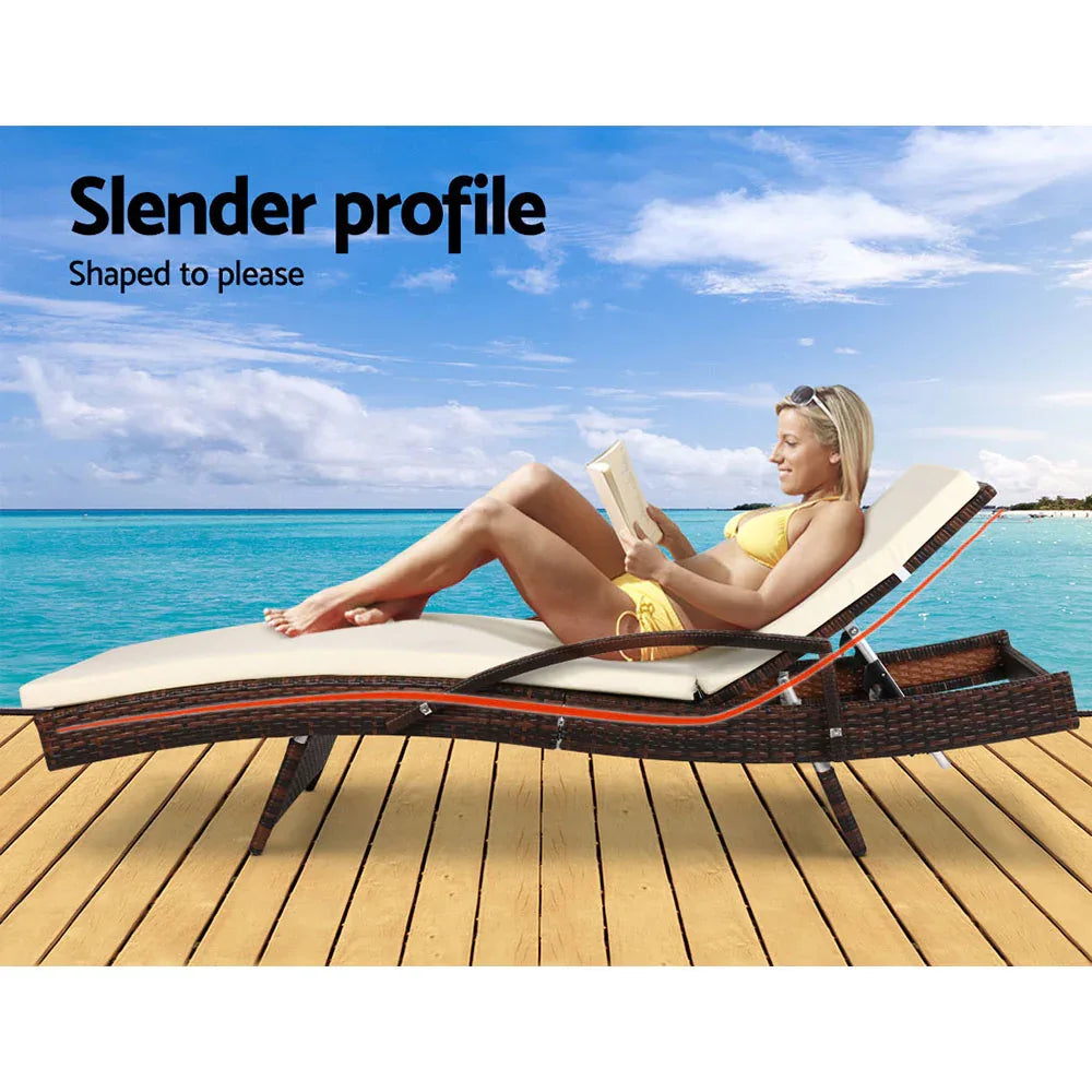 Gardeon 2PC Sun Lounge Wicker Lounger Outdoor Furniture Beach Chair Patio Adjustable Cushion Brown - Mekamart Australia