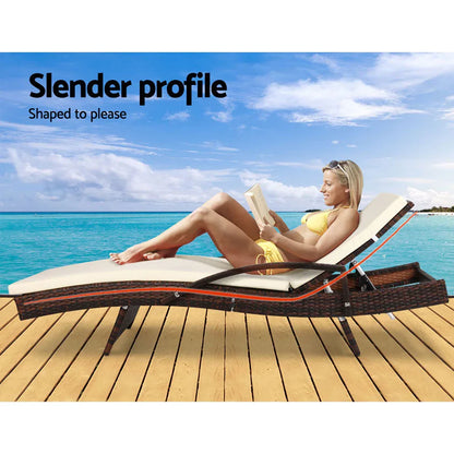 Gardeon 2PC Sun Lounge Wicker Lounger Outdoor Furniture Beach Chair Patio Adjustable Cushion Brown - Mekamart Australia