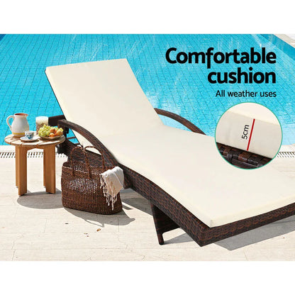 Gardeon 2PC Sun Lounge Wicker Lounger Outdoor Furniture Beach Chair Patio Adjustable Cushion Brown - Mekamart Australia