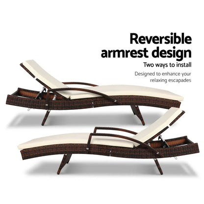 Gardeon 2PC Sun Lounge Wicker Lounger Outdoor Furniture Beach Chair Patio Adjustable Cushion Brown - Mekamart Australia