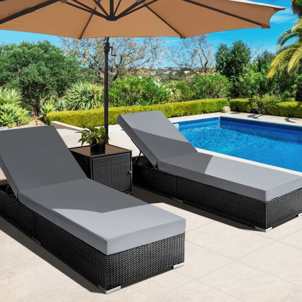 Gardeon 3PC Sun Lounge Wicker Lounger Outdoor Furniture Day Bed Rattan Garden - Mekamart Australia