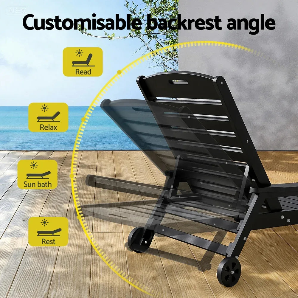 Gardeon Sun Lounge Lounger Beach Chair HDPE Patio Outdoor Furniture with Wheels Black - Mekamart Australia