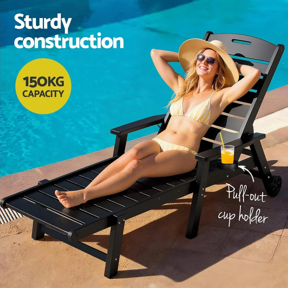 Gardeon Sun Lounge Lounger Beach Chair HDPE Patio Outdoor Furniture with Wheels Black - Mekamart Australia