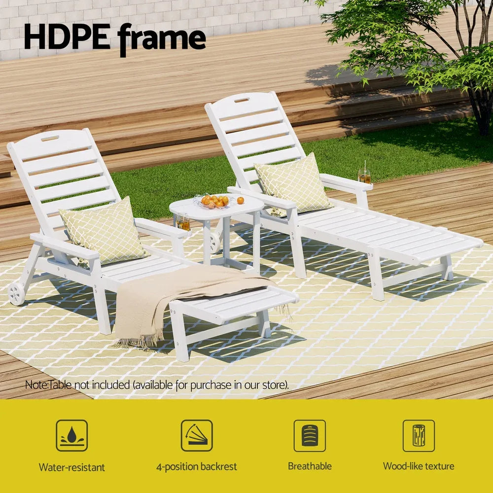 Gardeon Sun Lounge Lounger Beach Chair HDPE Patio Outdoor Furniture with Wheels White - Mekamart Australia