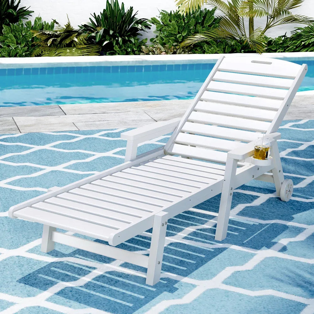 Gardeon Sun Lounge Lounger Beach Chair HDPE Patio Outdoor Furniture with Wheels White - Mekamart Australia