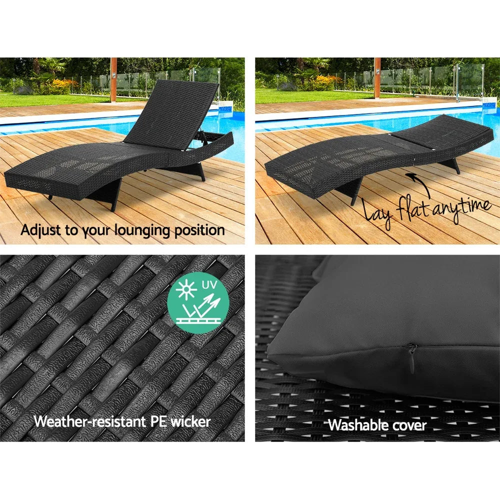 Gardeon 2PC Sun Lounge Wicker Lounger Outdoor Furniture Beach Chair Garden Adjustable Black - Mekamart Australia