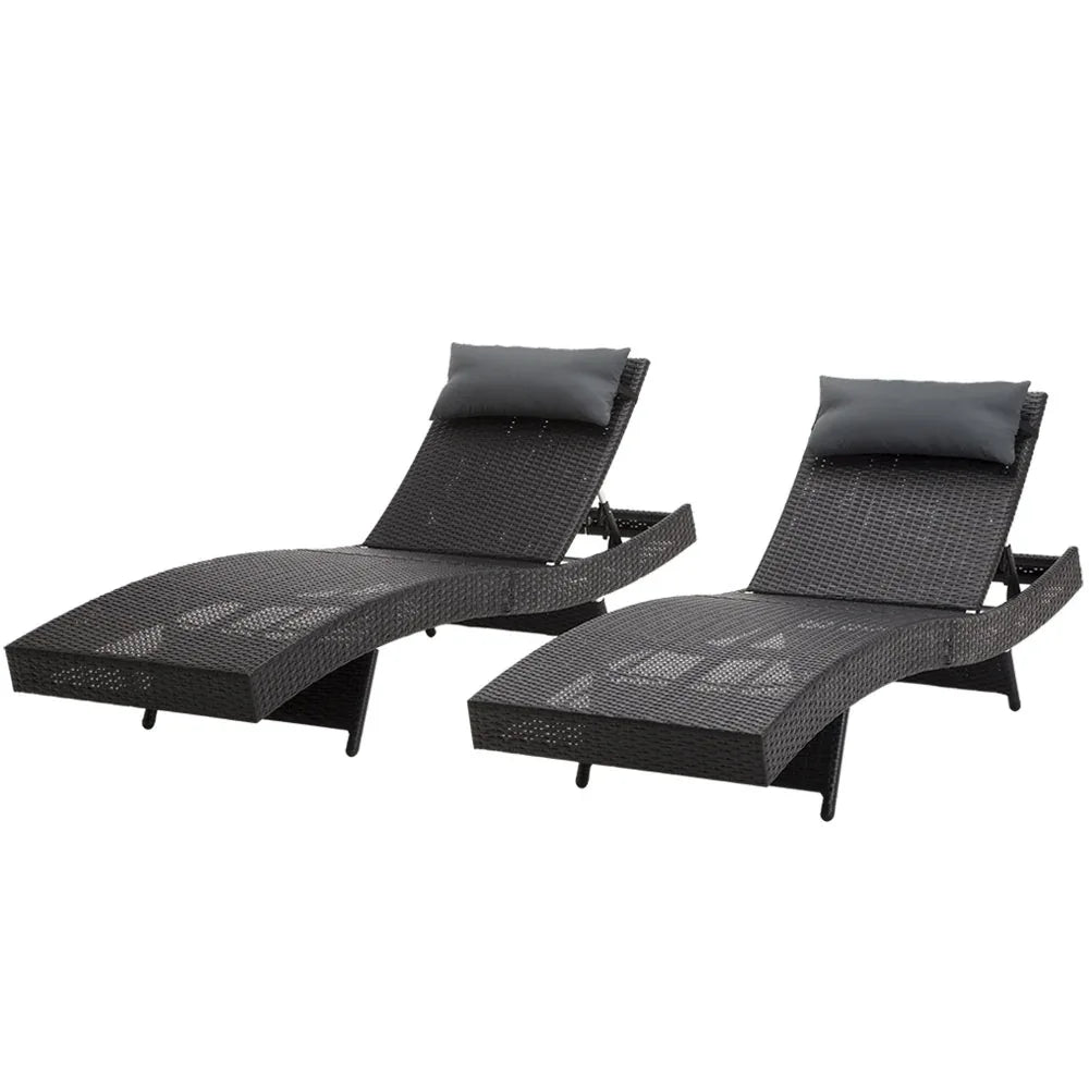 Gardeon 2PC Sun Lounge Wicker Lounger Outdoor Furniture Beach Chair Garden Adjustable Black - Mekamart Australia