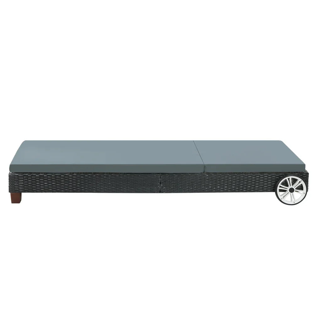 Gardeon Sun Lounge Wicker Lounger Outdoor Furniture Day Bed Wheels Patio Black - Mekamart Australia
