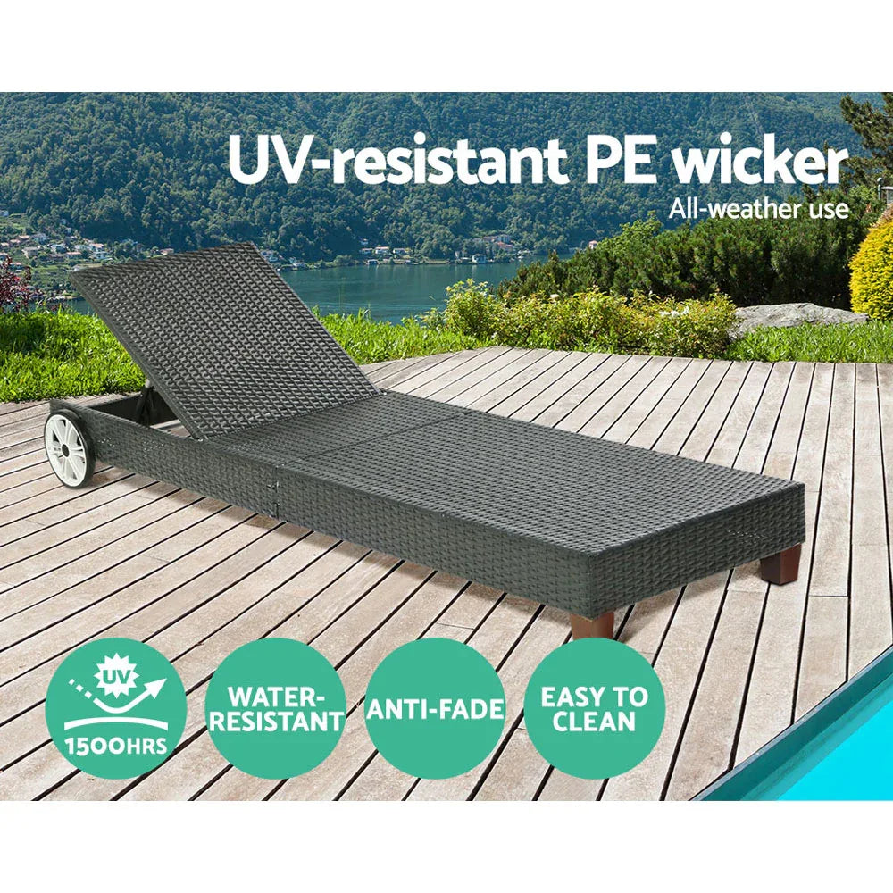 Gardeon Sun Lounge Wicker Lounger Outdoor Furniture Day Bed Wheels Patio Black - Mekamart Australia
