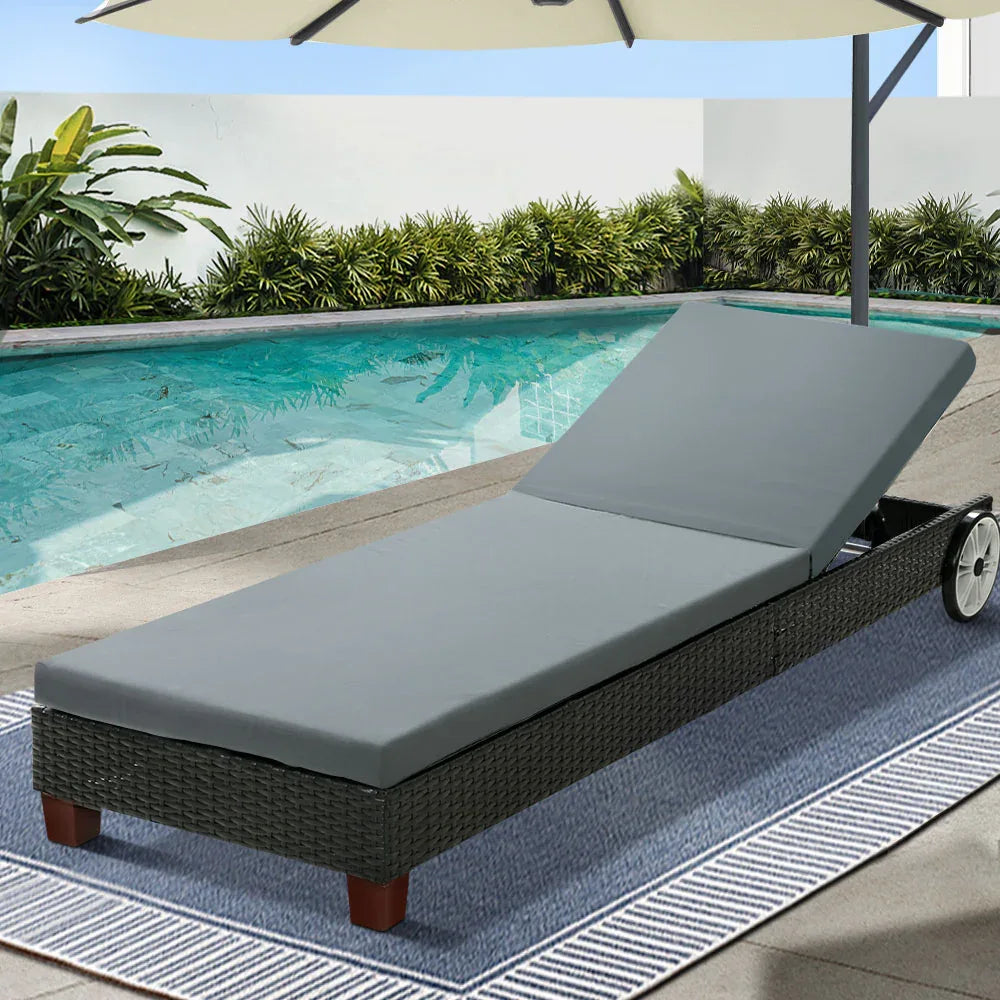 Gardeon Sun Lounge Wicker Lounger Outdoor Furniture Day Bed Wheels Patio Black - Mekamart Australia