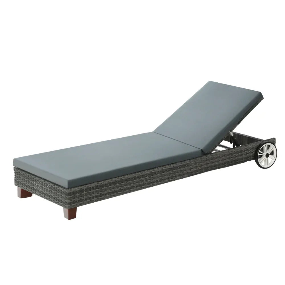 Gardeon Sun Lounge Wicker Lounger Outdoor Furniture Day Bed Wheels Patio Grey - Mekamart Australia
