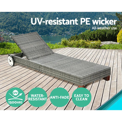 Gardeon Sun Lounge Wicker Lounger Outdoor Furniture Day Bed Wheels Patio Grey - Mekamart Australia