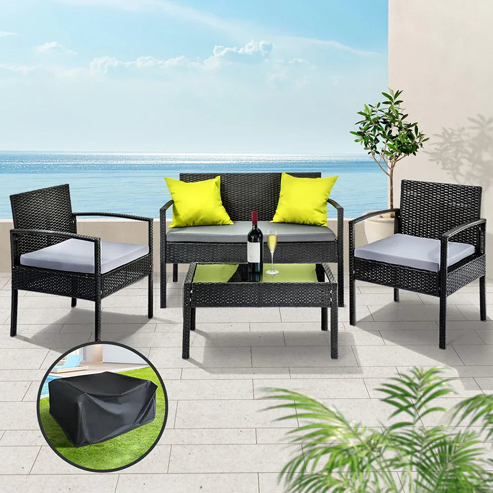 Gardeon Outdoor Sofa Set Wicker Lounge Setting Table and Chairs Storage Cover - Mekamart Australia