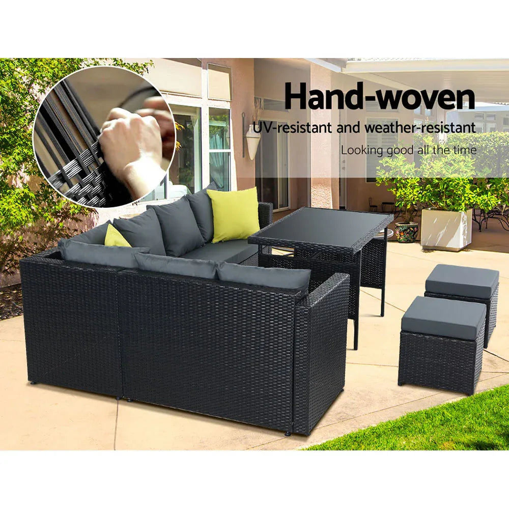 Gardeon Outdoor Dining Set Aluminum Table Chairs Wicker Setting Black - Mekamart Australia