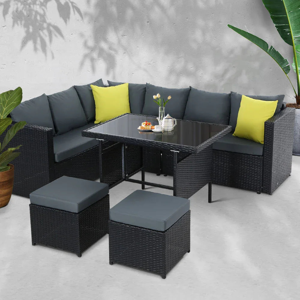 Gardeon Outdoor Dining Set Aluminum Table Chairs Wicker Setting Black - Mekamart Australia