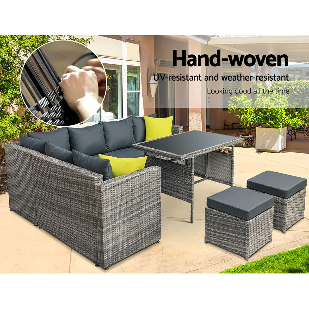 Gardeon Outdoor Dining Set Aluminum Table Chairs Wicker Setting Grey - Mekamart Australia