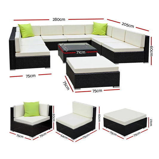 Gardeon 10-Piece Outdoor Sofa Set Wicker Couch Lounge Setting Cover - Mekamart Australia