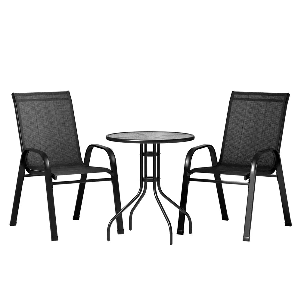 Gardeon 3PC Outdoor Bistro Set Table and Chairs Stackable Patio Furniture Black - Mekamart Australia