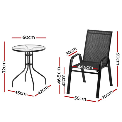 Gardeon 3PC Outdoor Bistro Set Table and Chairs Stackable Patio Furniture Black - Mekamart Australia