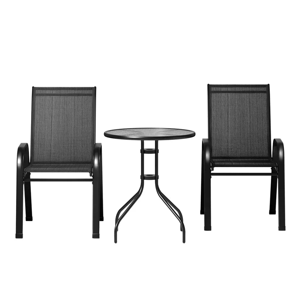 Gardeon 3PC Outdoor Bistro Set Table and Chairs Stackable Patio Furniture Black - Mekamart Australia