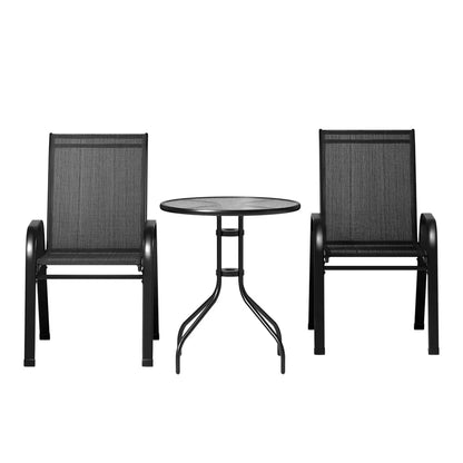 Gardeon 3PC Outdoor Bistro Set Table and Chairs Stackable Patio Furniture Black - Mekamart Australia
