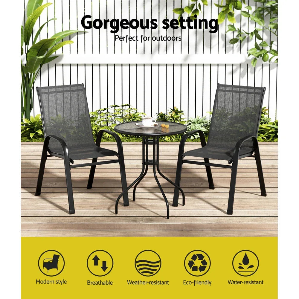 Gardeon 3PC Outdoor Bistro Set Table and Chairs Stackable Patio Furniture Black - Mekamart Australia