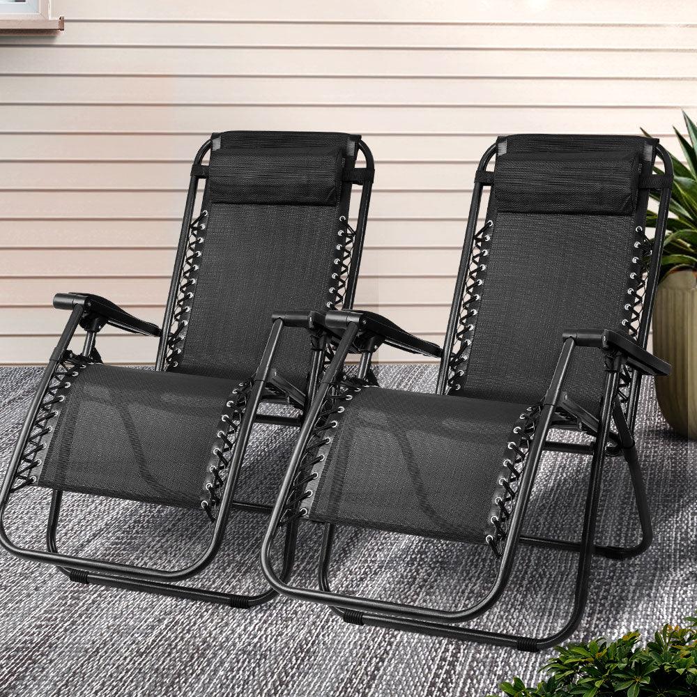 Gardeon 2PC Zero Gravity Chair Folding Outdoor Recliner Adjustable Sun Lounge Camping Black - Mekamart Australia