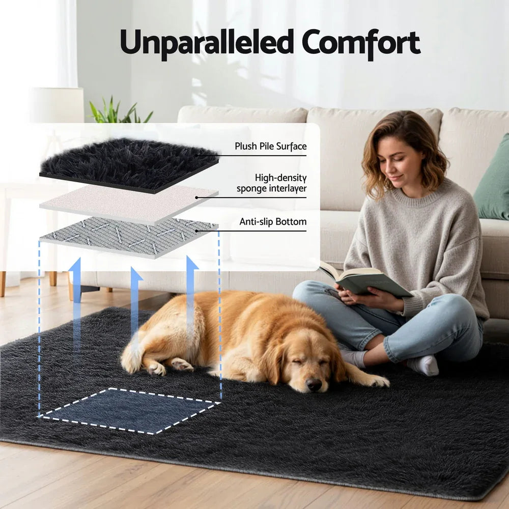 Artiss Floor Rug 140x200cm Plush Area Shaggy Rug Living Room Bedroom Carpet Black - Mekamart Australia